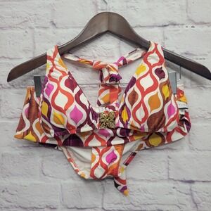 Trina Turk‎ Ogee Bandeau Hipster Retro Halter Bikini Gold Accent Swimsuit Sz 6/4